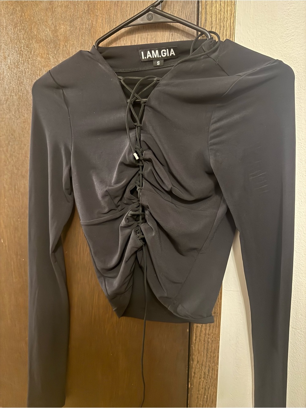 I.AM.GIA Black Ruched Lace-Up Long Sleeve Crop Top
